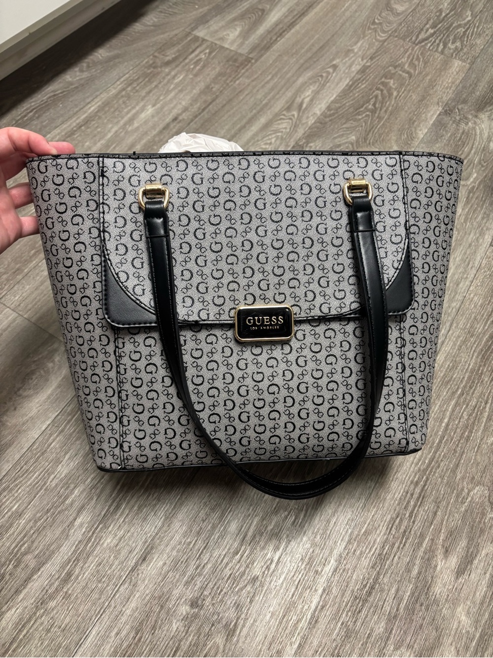 GUESS Los Angeles Gray Black G Logo Monogram Faux Leather Zip Tote Shoulder Bag